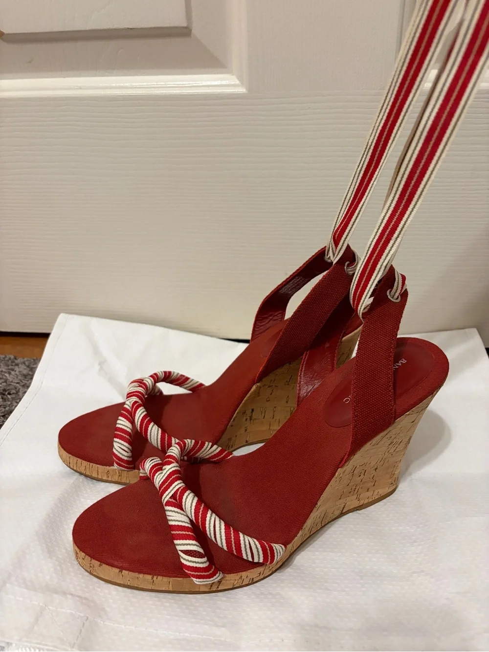 Banana Republic Red Cork Wedge Sandals with Striped Ankle Ties